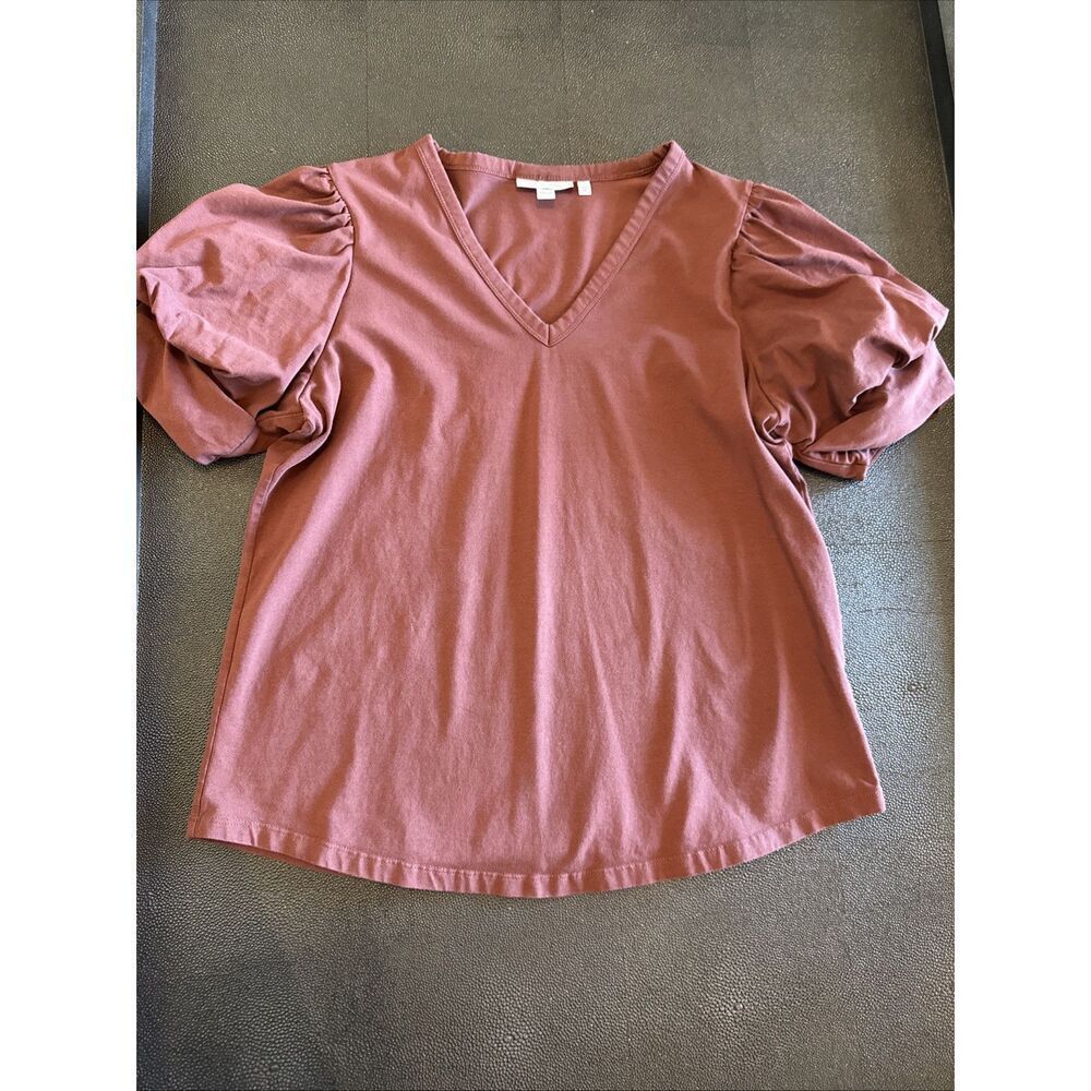 Chicos Brown V-neck Top Puff Sleeve Size 1 US Medium